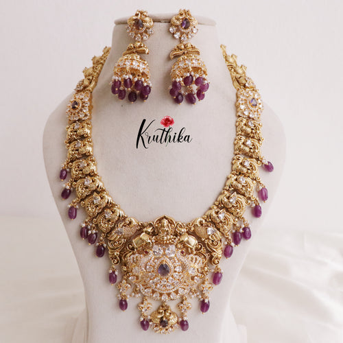Elegant Lakshmi CZ Stones Haaram with Purple Beads LH1849