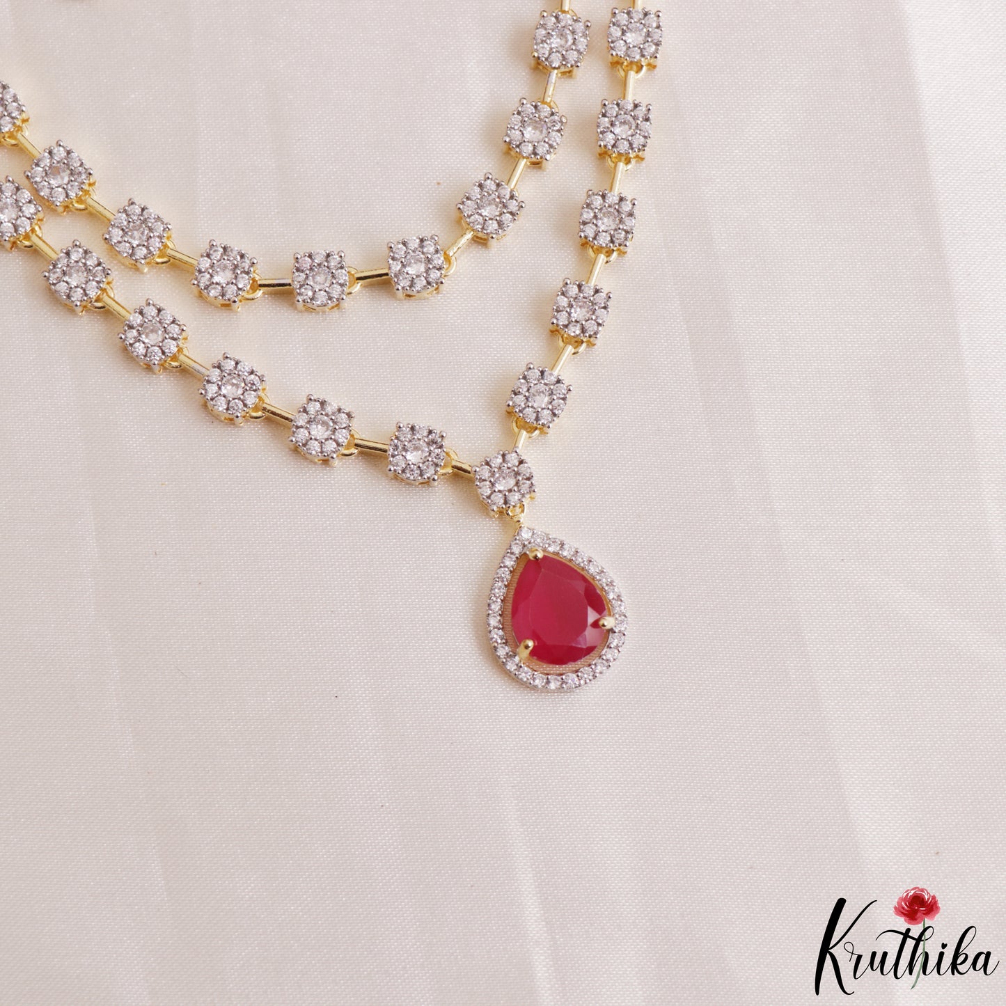 Stunning Floral Teardrop Motifs CZ Victorian Necklace NC3156 (Available In 2 Colors)