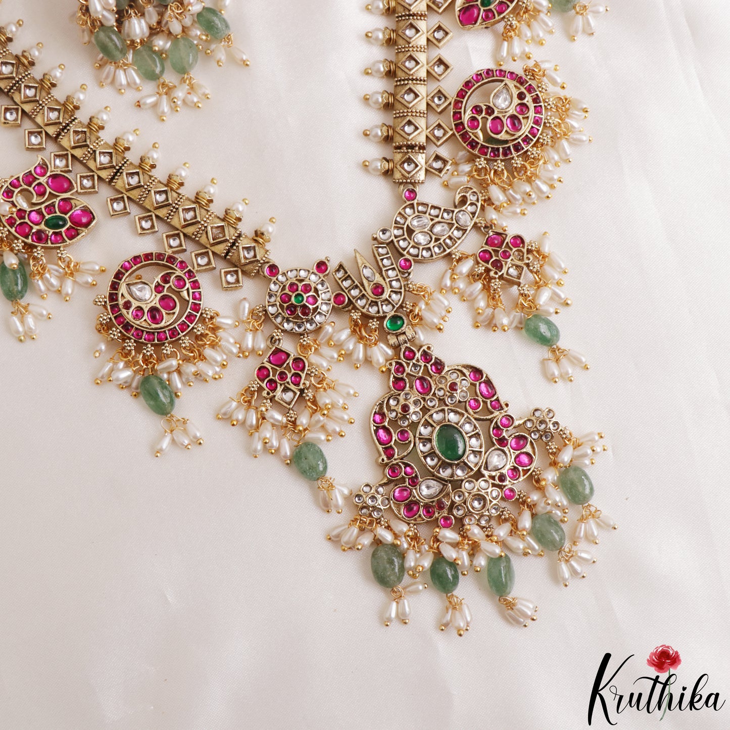Premium Peacock Floral Motifs Guttapoosalu Jadau Necklace NC3146