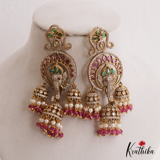 Stunning Lord Ganesha Motifs Chandelier Earrings With Pearl Bead Drops E1091 (Available In 2 Colors)
