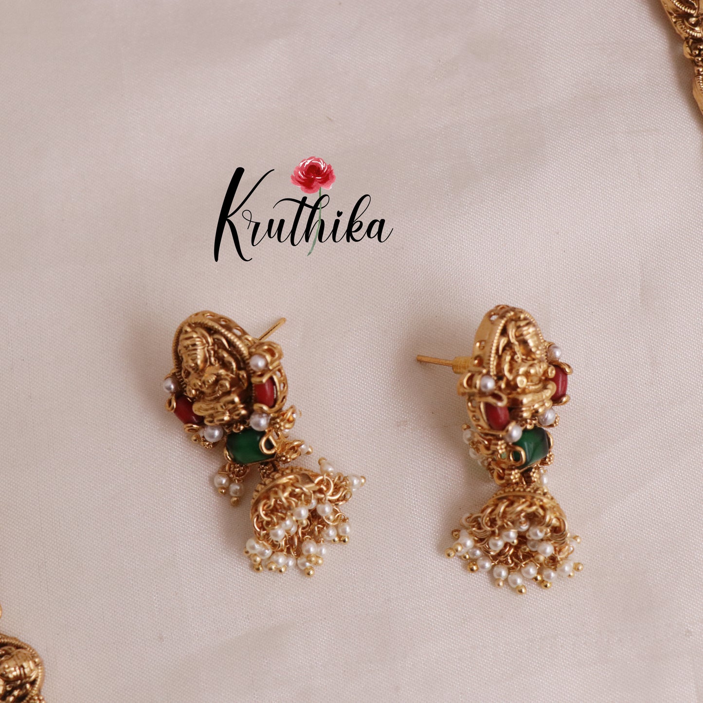 Elegant Temple Lakshmi Haaram with Pastel Green Beads LH1870