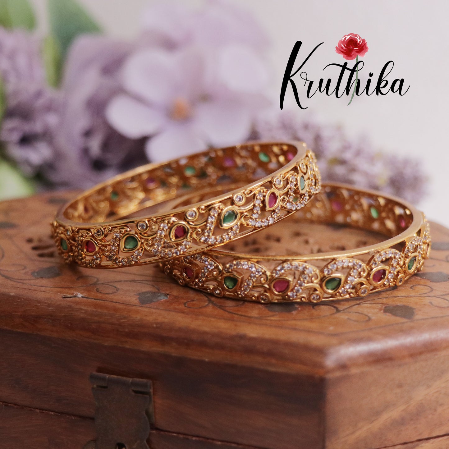 Trendy CZ Antique Leaf Motif Bangles B291 (Available in 3 Colours) (Set of 2 Bangles)