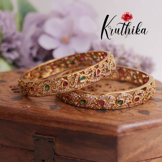 Trendy CZ Antique Leaf Motif Bangles B291 (Available in 3 Colours) (Set of 2 Bangles)