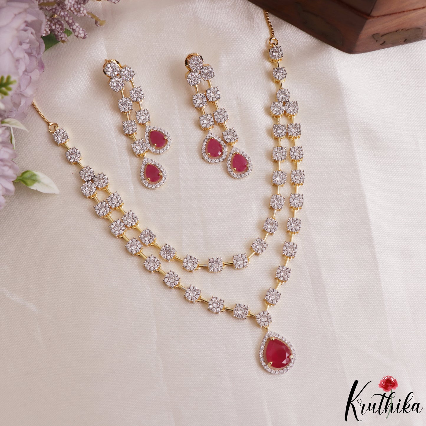 Stunning Floral Teardrop Motifs CZ Victorian Necklace NC3156 (Available In 2 Colors)