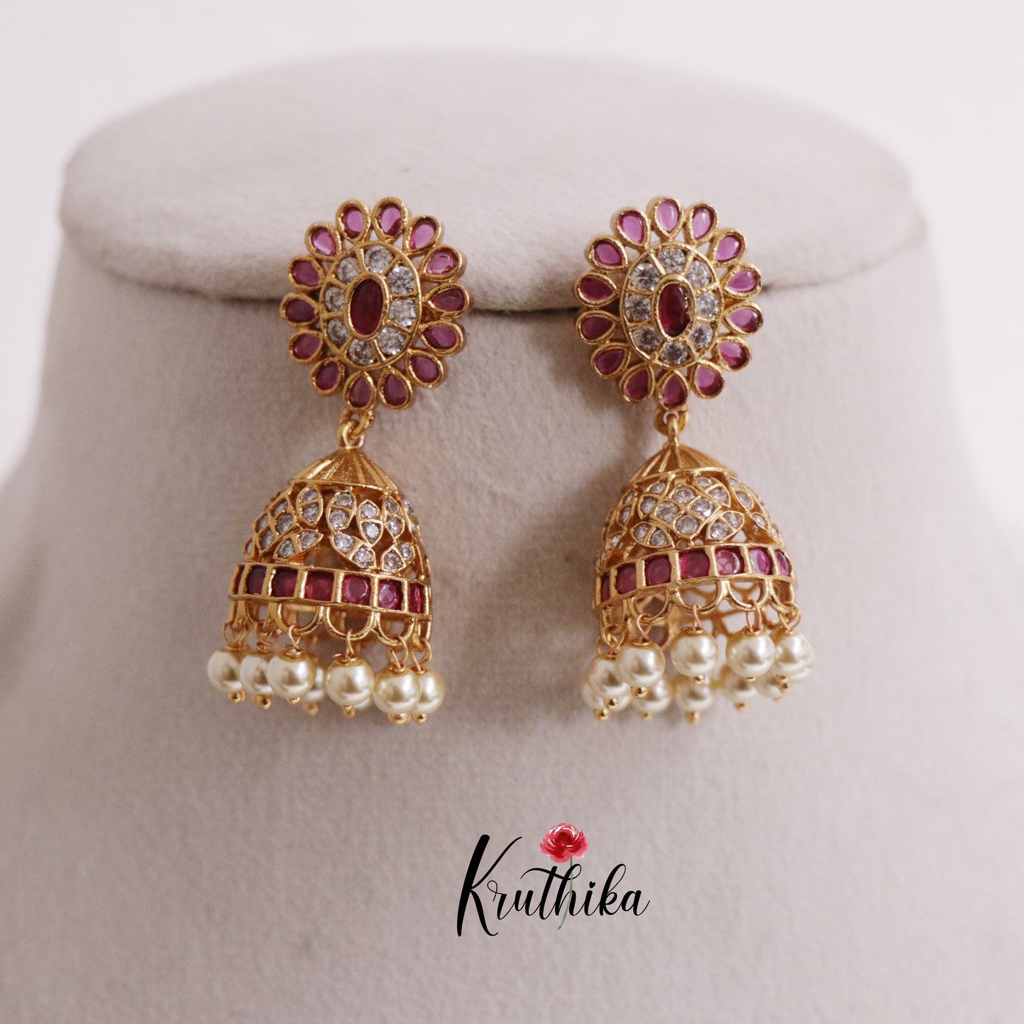 Elegant Flower Earrings Jhumka with Pears Drops E706 (Available in two colors)