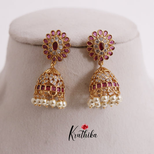 Elegant Flower Earrings Jhumka with Pears Drops E706 (Available in two colors)
