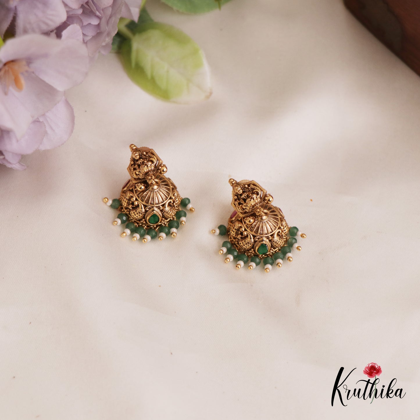 Traditional Antique Lakshmi Motifs Jhumka With Bead Drops E966 (Available In 4 Colors)