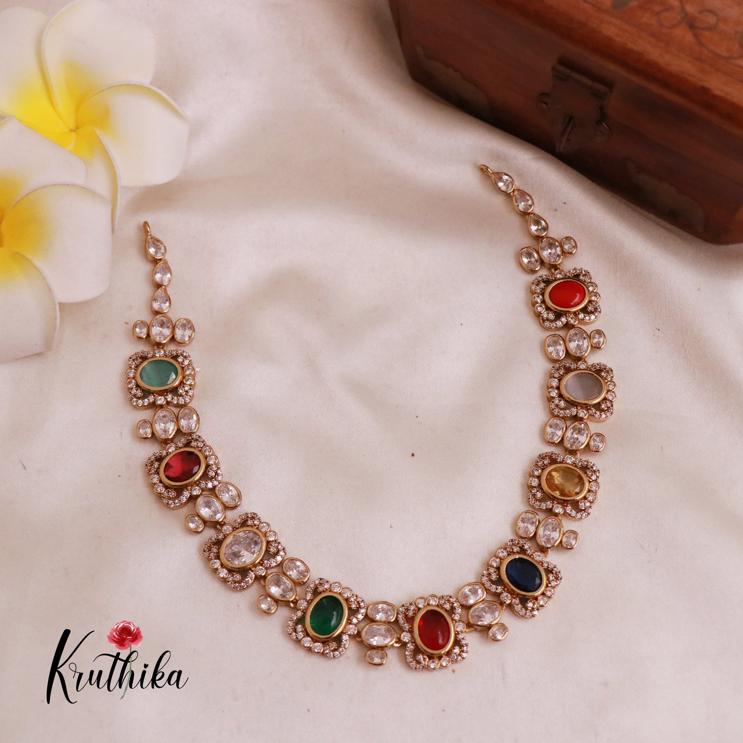 Simple CZ Navaratna uncut stones necklace NC1886