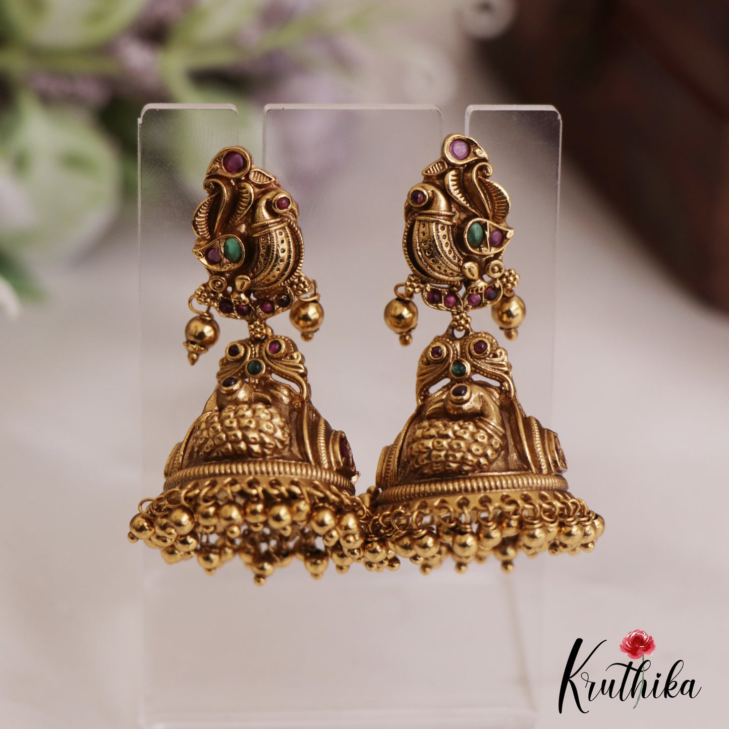Gorgeous Antique Peacock Motifs Jhumka With Bead Drops E1004 (Available In 2 Colors)