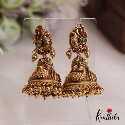 Gorgeous Antique Peacock Motifs Jhumka With Bead Drops E1004 (Available In 2 Colors)