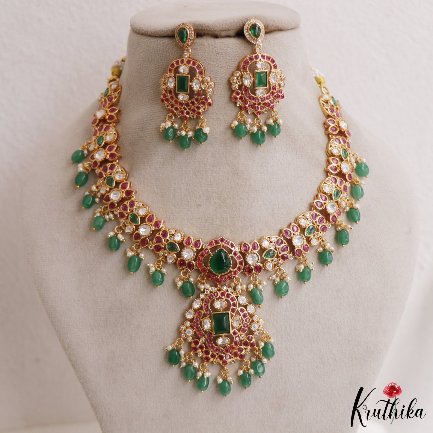 Stunning Teardrop Motifs Jadau Necklace With Green Bead Drops NC2977
