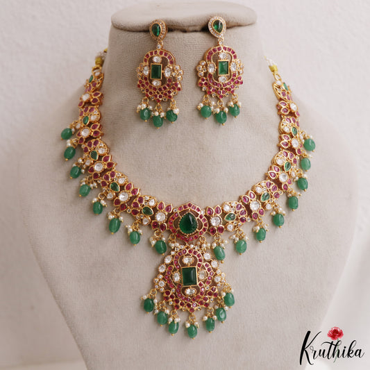 Stunning Teardrop Motifs Jadau Necklace With Green Bead Drops NC2977