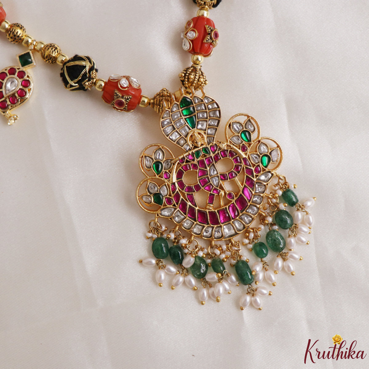 Beaitiful Temple Jadau Pendant Black Thread Necklace NC3319