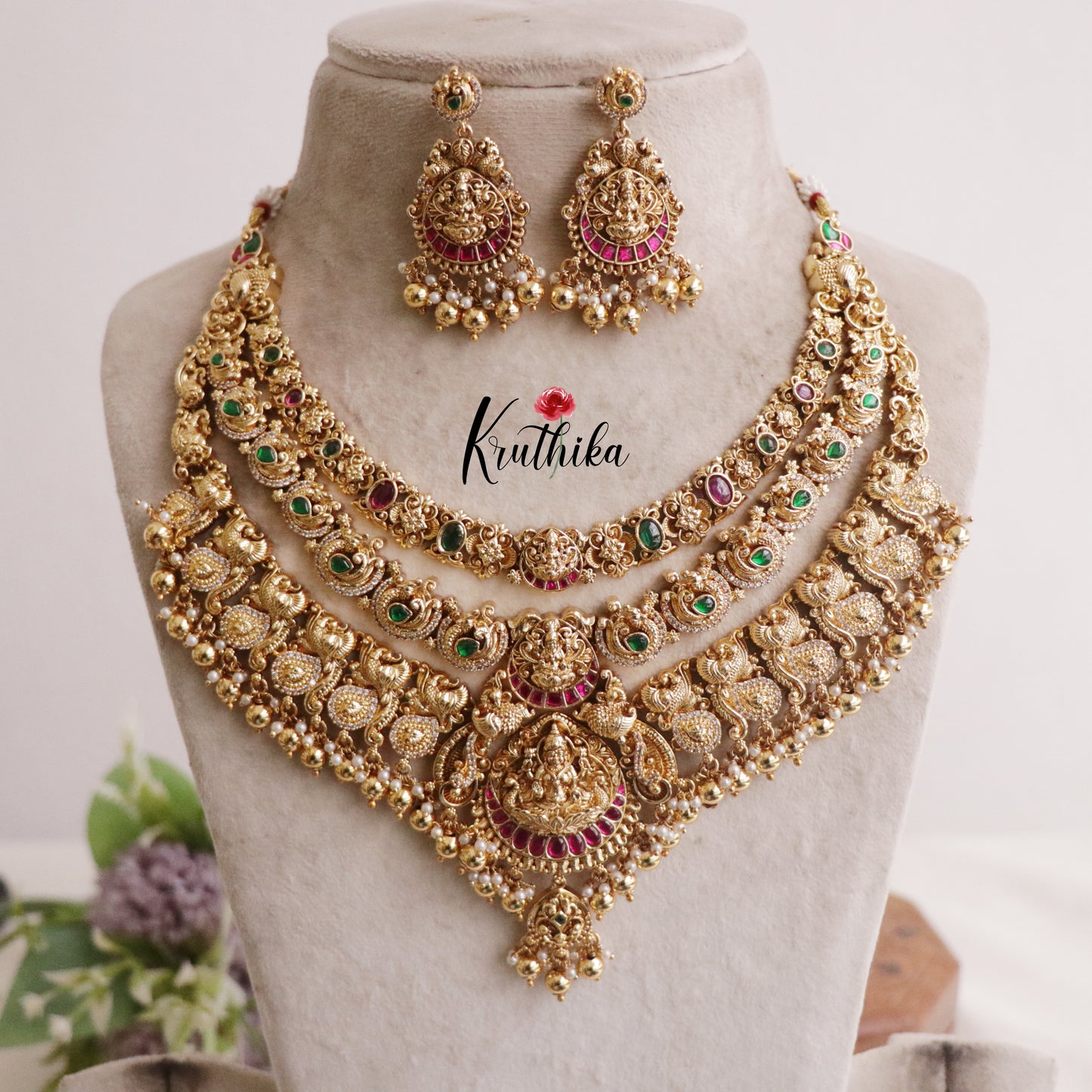 Premium Bridal Three Layer Temple Lakshmi and Peacock Jadau Necklace NC2212 (Available in 2 Colours)