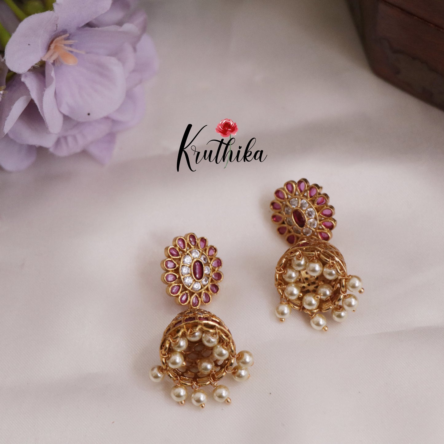 Elegant Flower Earrings Jhumka with Pears Drops E706 (Available in two colors)