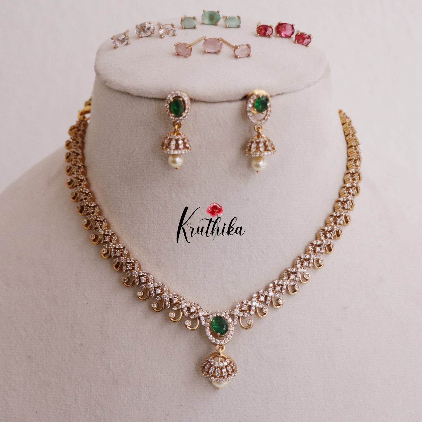 Beautiful CZ Changeable Stone Victorian Necklace with Jhumka Drops NC2321