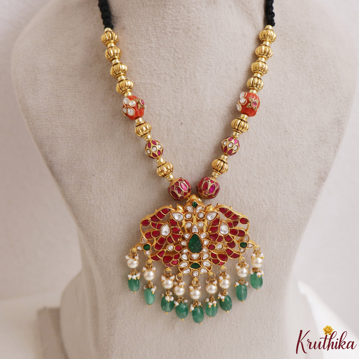 Elegant Jadau Pendant Black Thread Necklace NC3320