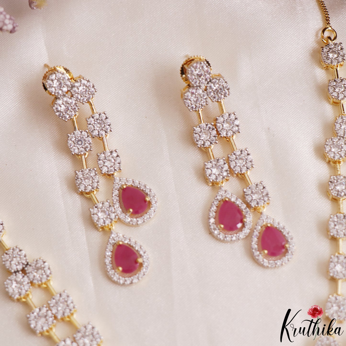 Stunning Floral Teardrop Motifs CZ Victorian Necklace NC3156 (Available In 2 Colors)