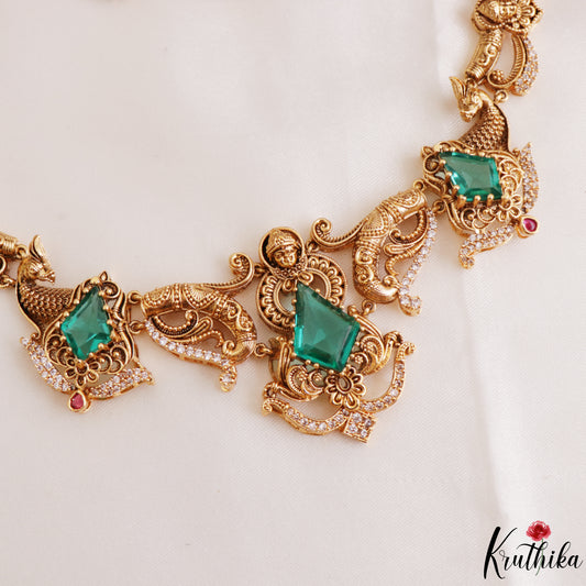 Trendy Antique Lakshmi Peacock Motifs CZ Victorian Necklace NC3272