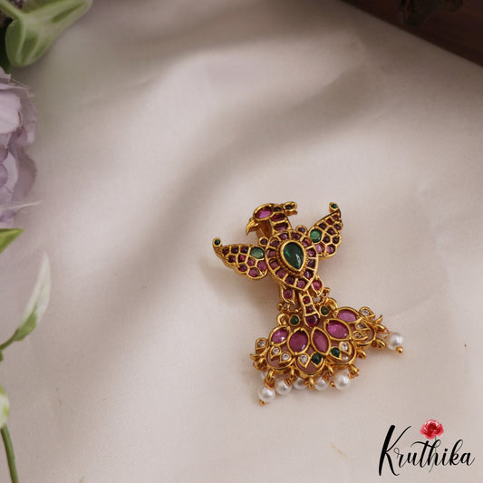 Stunning Peacock Motifs Jadau Saree Pin With Pearl Drops SP40 (Available In 2 Colors)