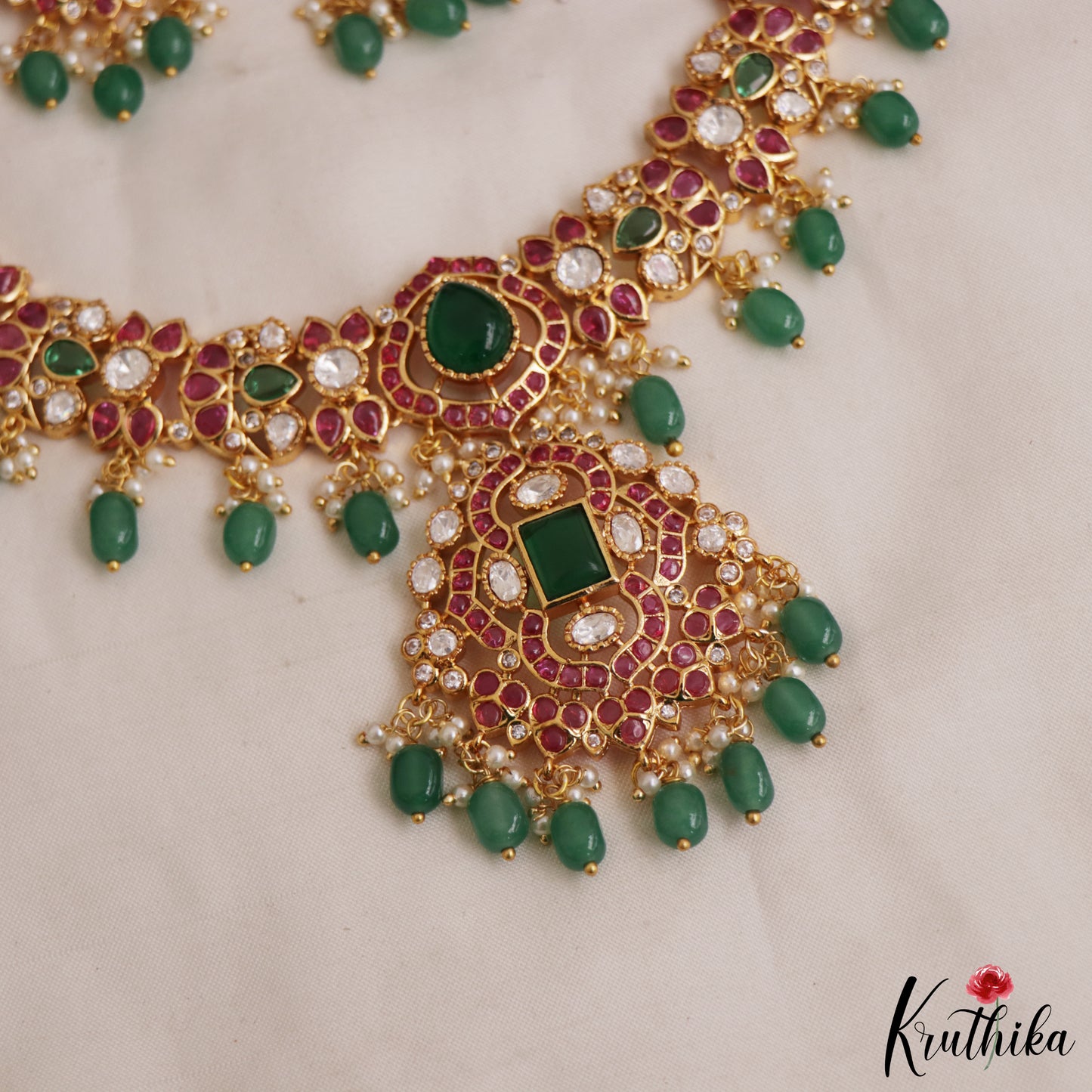 Stunning Teardrop Motifs Jadau Necklace With Green Bead Drops NC2977