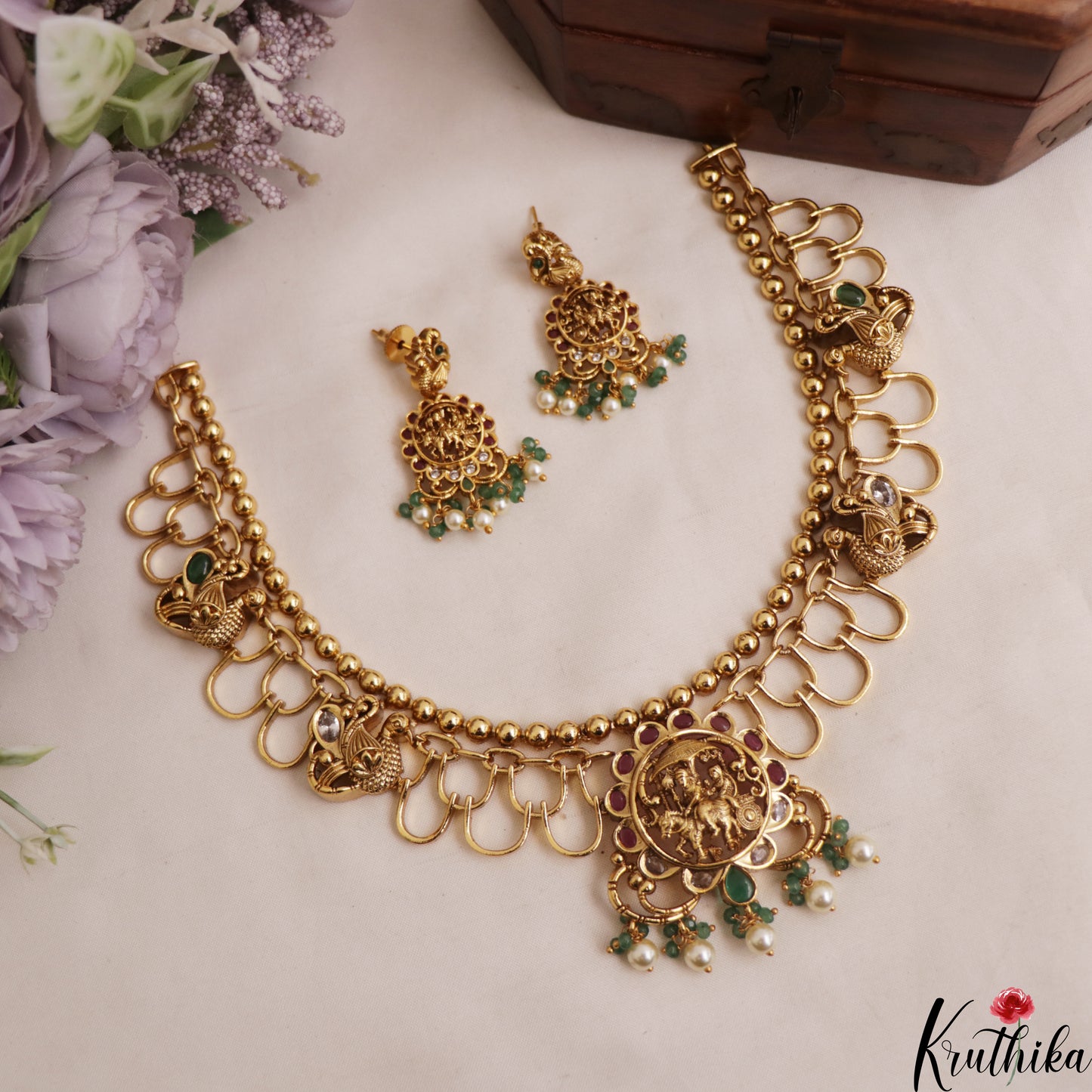 Classic Antique Lord Krishna Chariot Motifs With Pearl Bead Drops NC3020