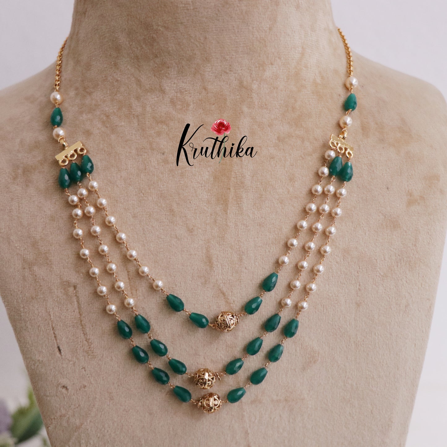Simple Three Layer Beads & Pearls Mala Necklace NC2263 (Available in 2 Colors)