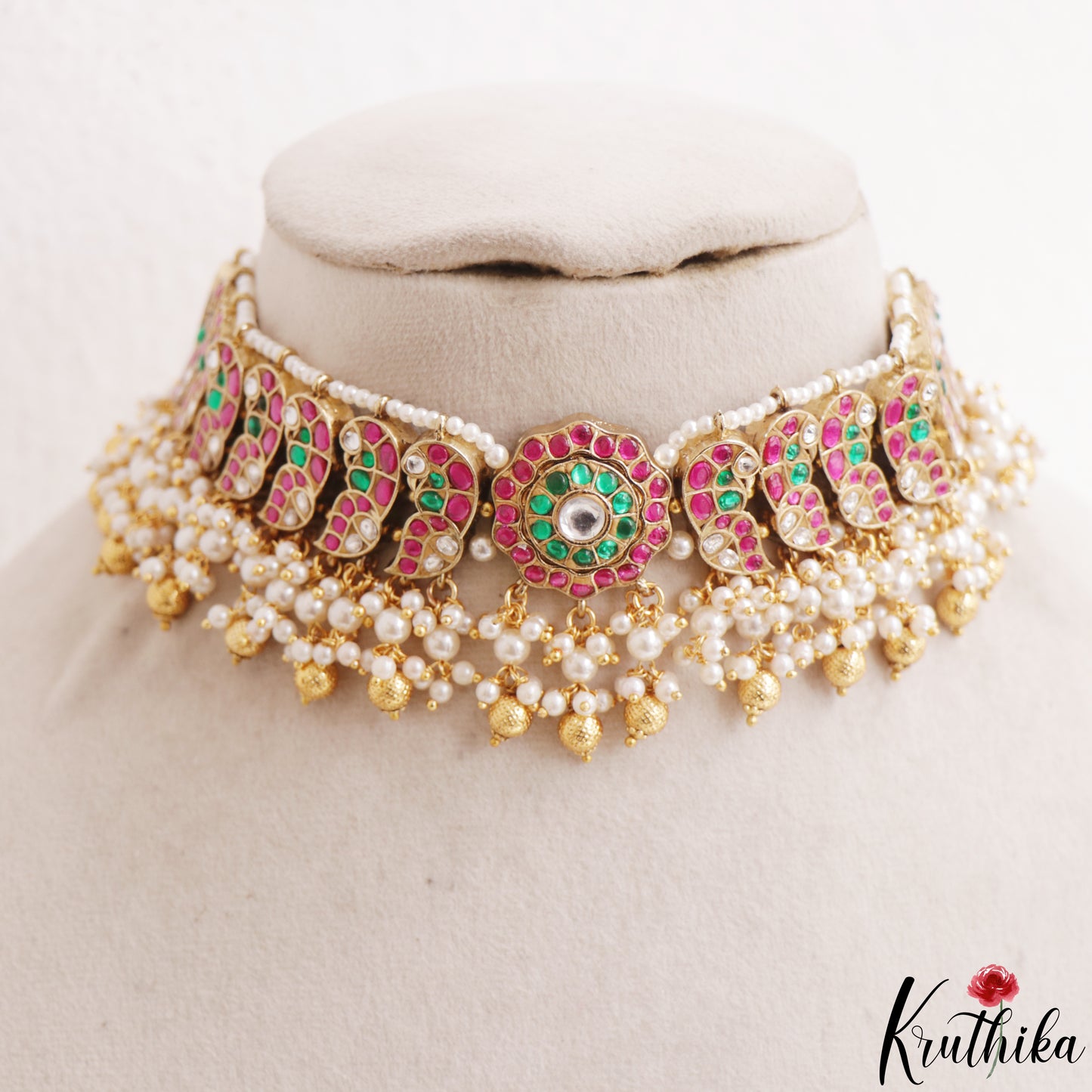 Classic Antique Jadau Peacock Chocker with Bead Drops NC2375 (Available In 2 Colors)