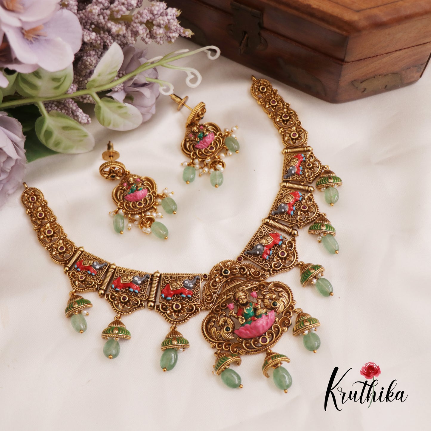 Intricate Hand Painted Lakshmi Elephant Motifs Necklace With Green Bead Drops NC2632