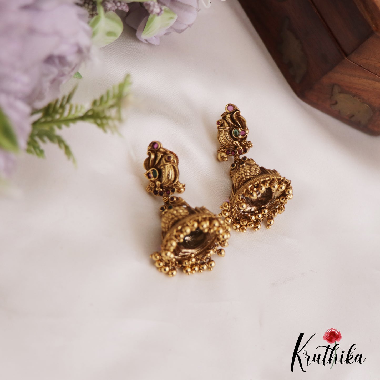 Gorgeous Antique Peacock Motifs Jhumka With Bead Drops E1004 (Available In 2 Colors)