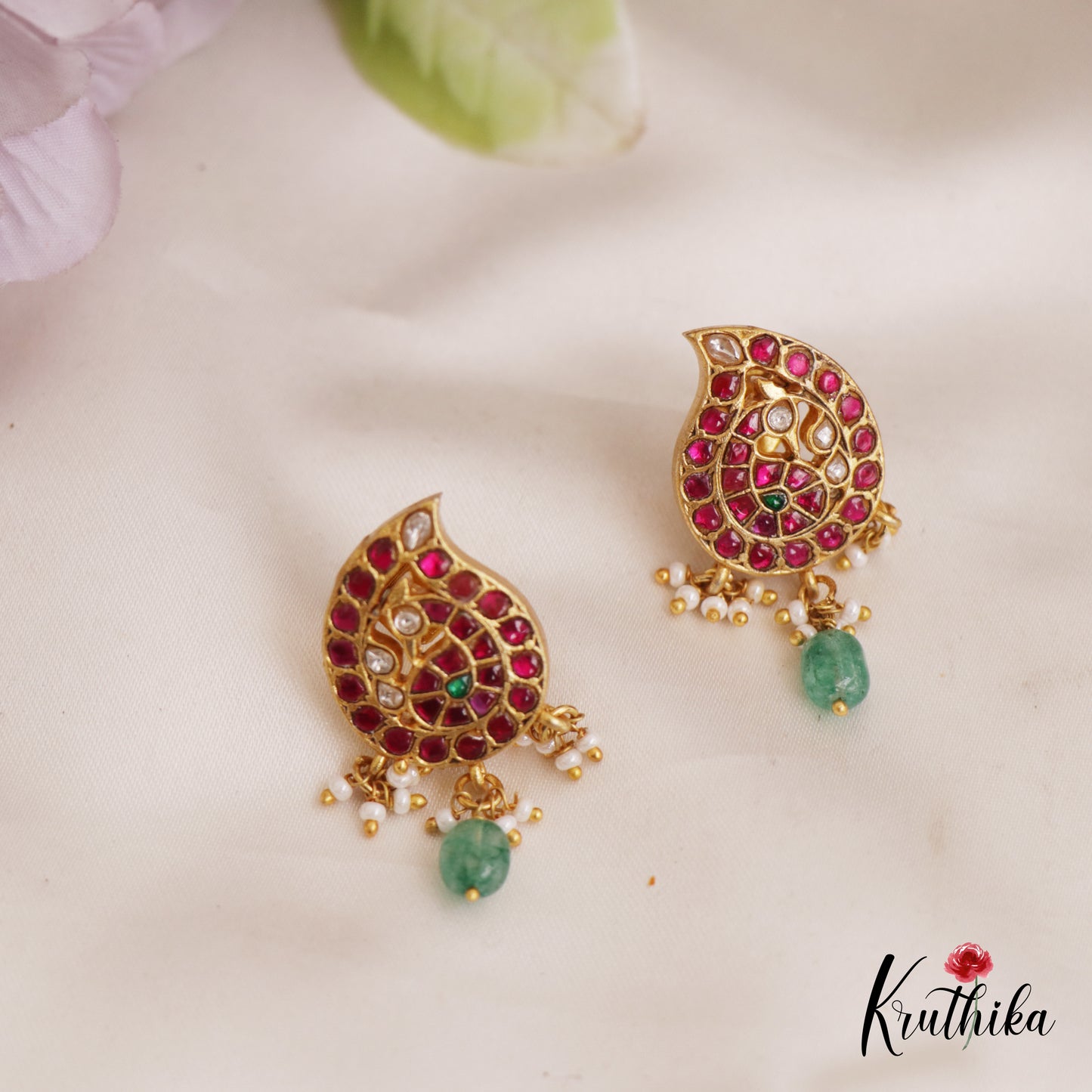 Elegant Peacock Motifs Jadau Stud Earrings With Green Bead Drops E965