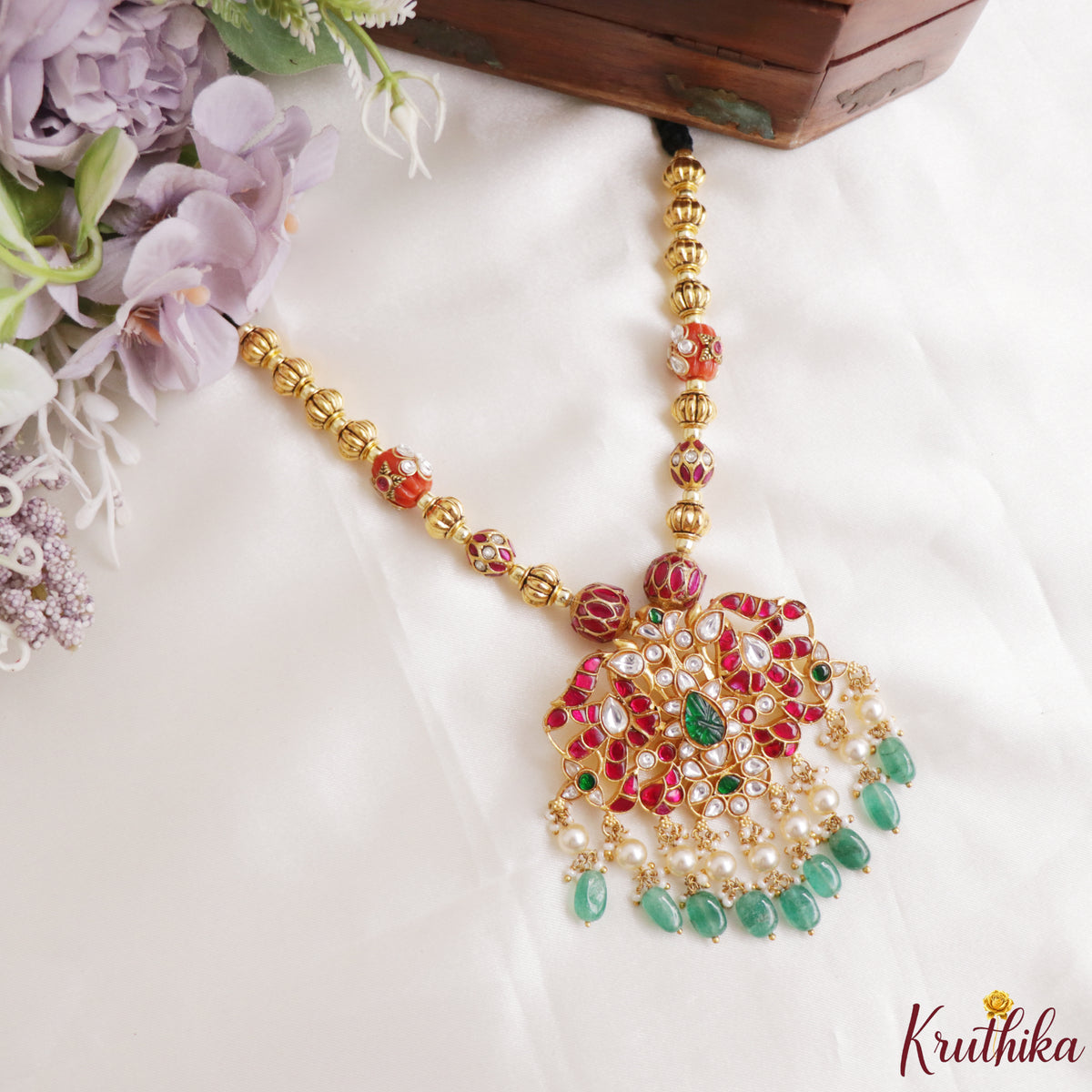 Elegant Jadau Pendant Black Thread Necklace NC3320