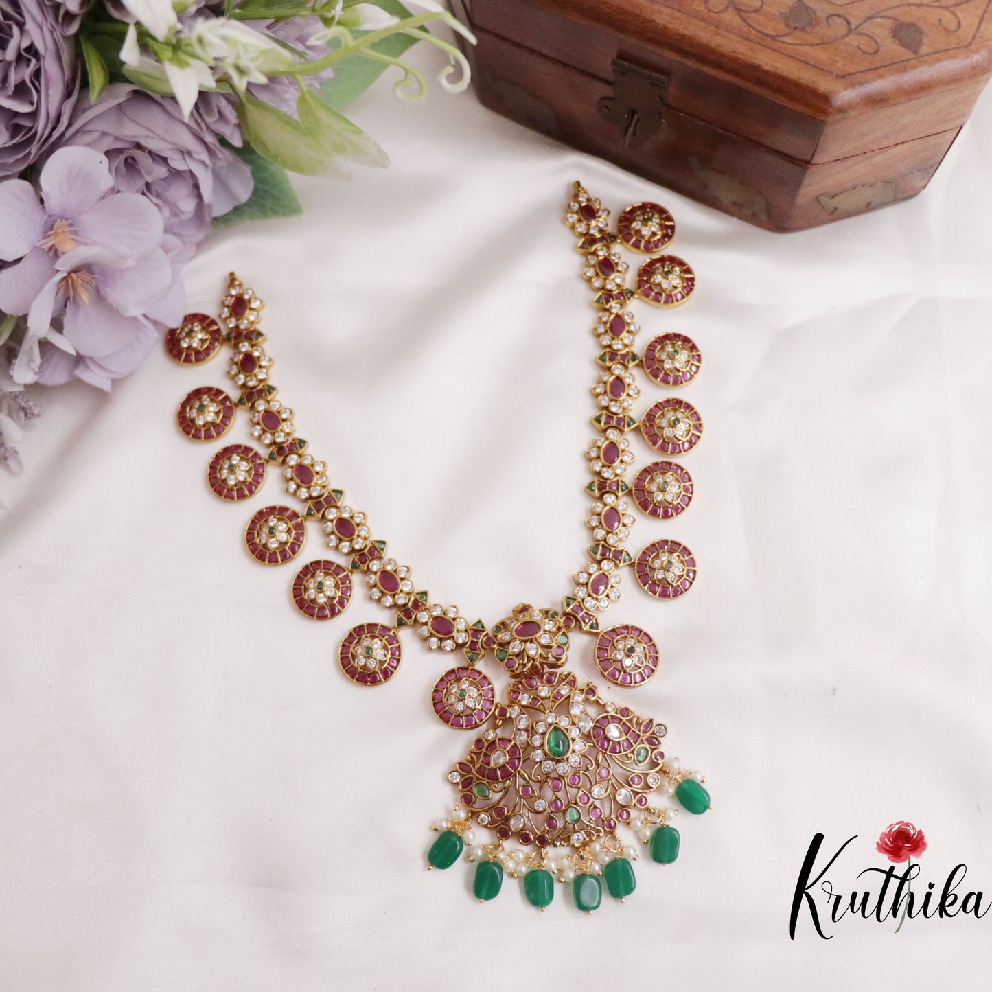 Classic Kemp Kasu Necklace with Detachable Pendant with Green Beads Drops NC2301