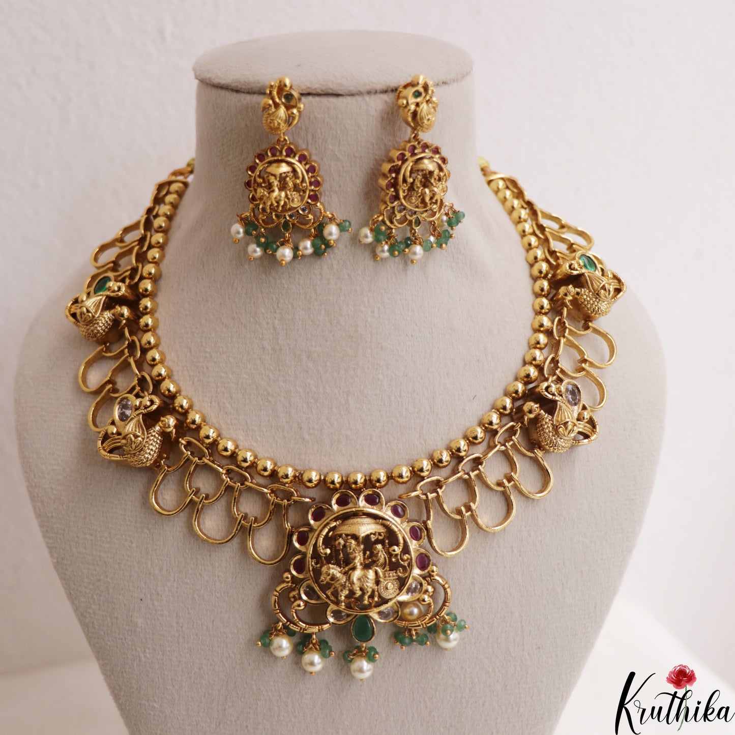 Classic Antique Lord Krishna Chariot Motifs With Pearl Bead Drops NC3020