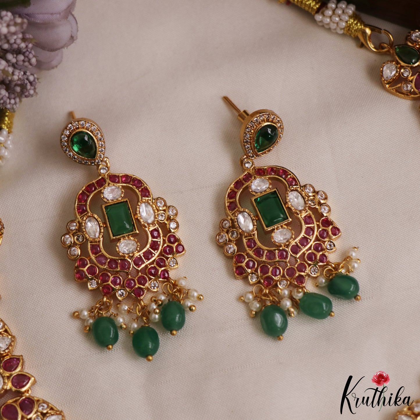 Stunning Teardrop Motifs Jadau Necklace With Green Bead Drops NC2977