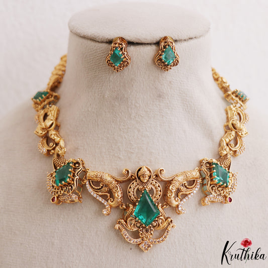 Trendy Antique Lakshmi Peacock Motifs CZ Victorian Necklace NC3272