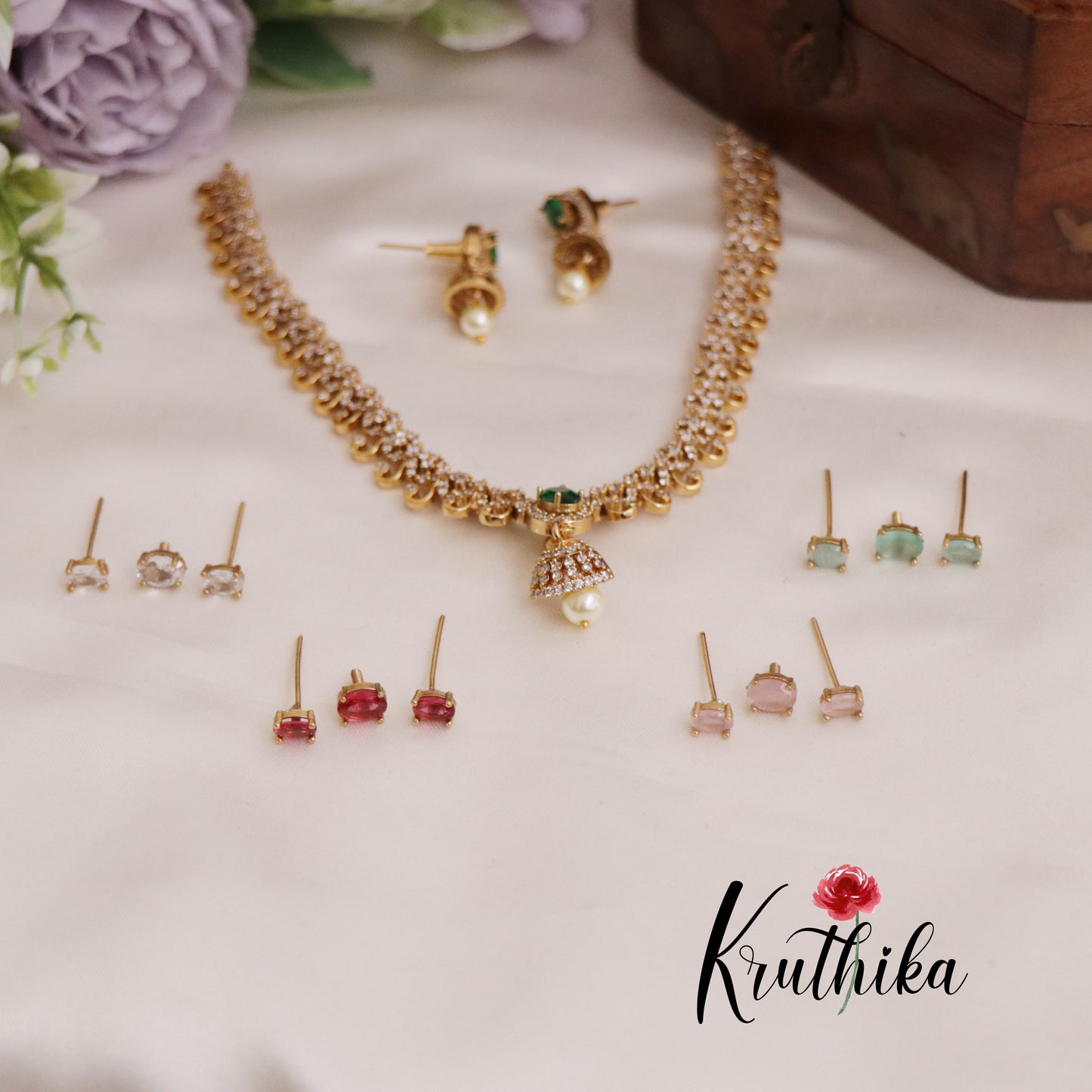 Beautiful CZ Changeable Stone Victorian Necklace with Jhumka Drops NC2321