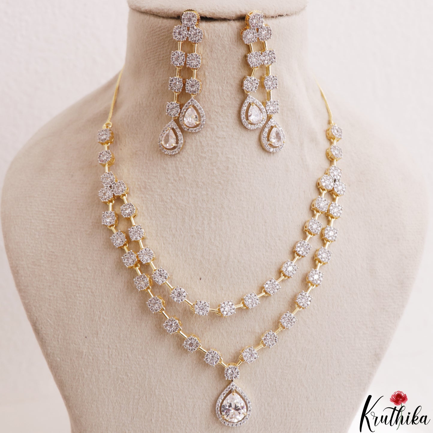 Stunning Floral Teardrop Motifs CZ Victorian Necklace NC3156 (Available In 2 Colors)