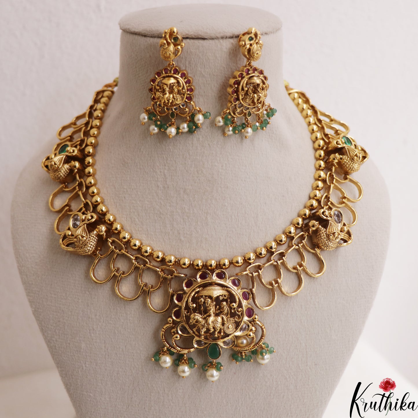 Classic Antique Lord Krishna Chariot Motifs With Pearl Bead Drops NC3020
