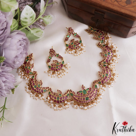 Classic Peacock Motifs Jadau Choker With Rice Pearl Drops NC3271
