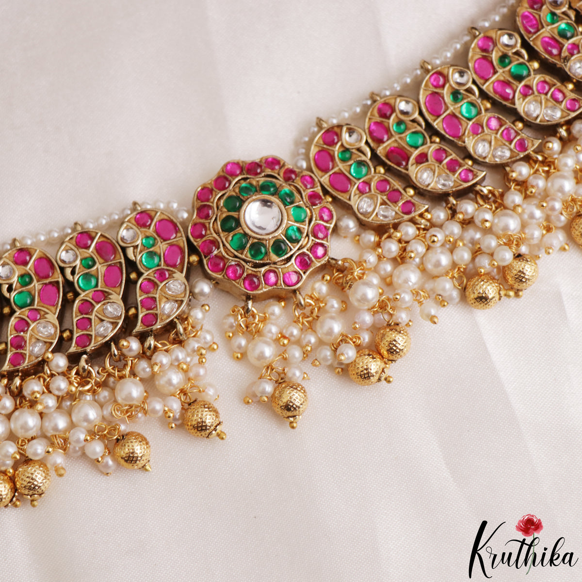 Classic Antique Jadau Peacock Chocker with Bead Drops NC2375 (Available In 2 Colors)
