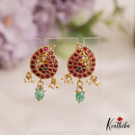 Elegant Peacock Motifs Jadau Stud Earrings With Green Bead Drops E965