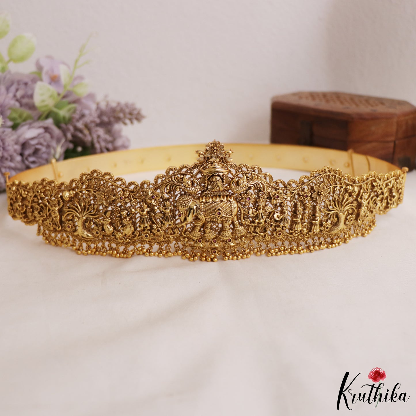 Gorgeous Bridal Antique Traditional Elephant Pallakku Motif Hip Belt with Golden Beads V258 (Available In 2 Colors)