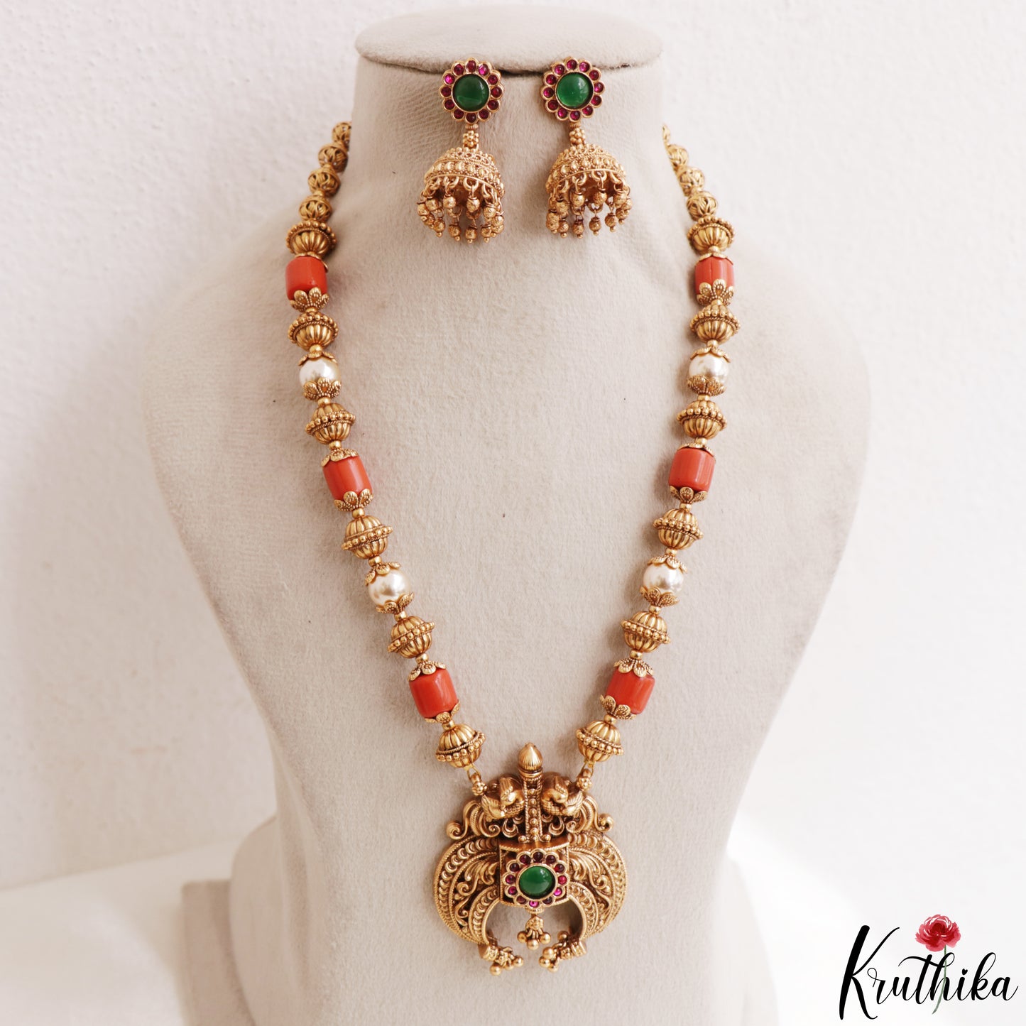Elegant Antique Peacock Motifs Coral Pearl Mala NC3230