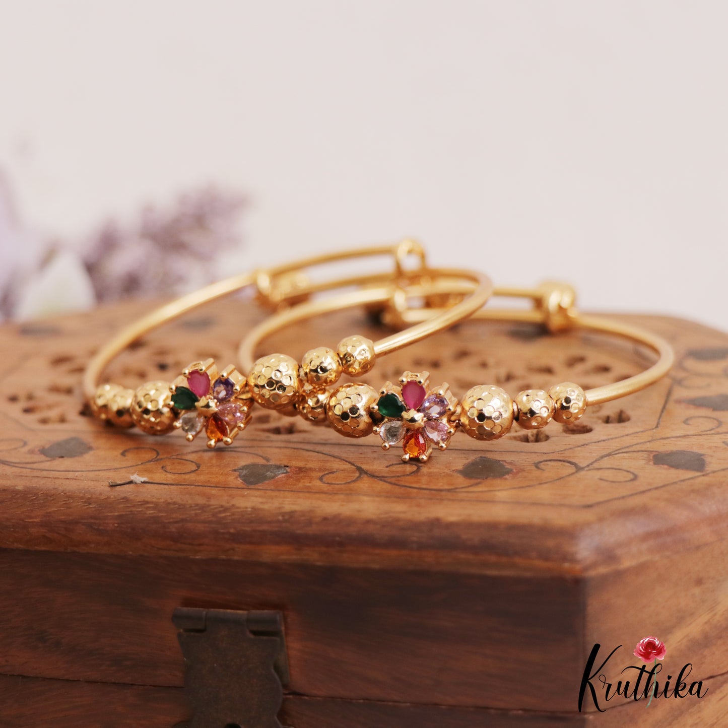 Beautiful Gold-Tone Floral Adjustable Kada B514