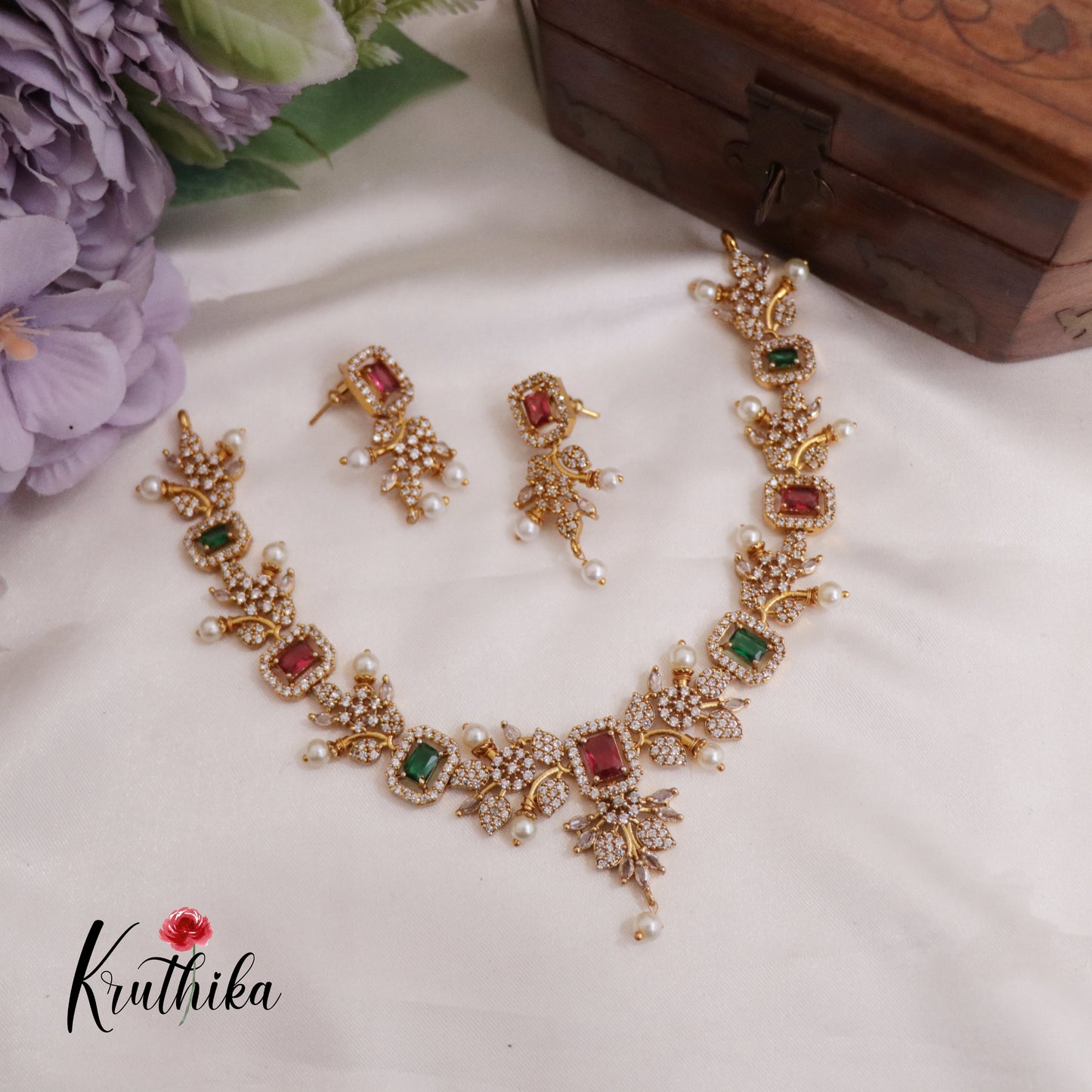 Elegant AD Stone Flower Necklace NC1933 (Available in 3 Colours)