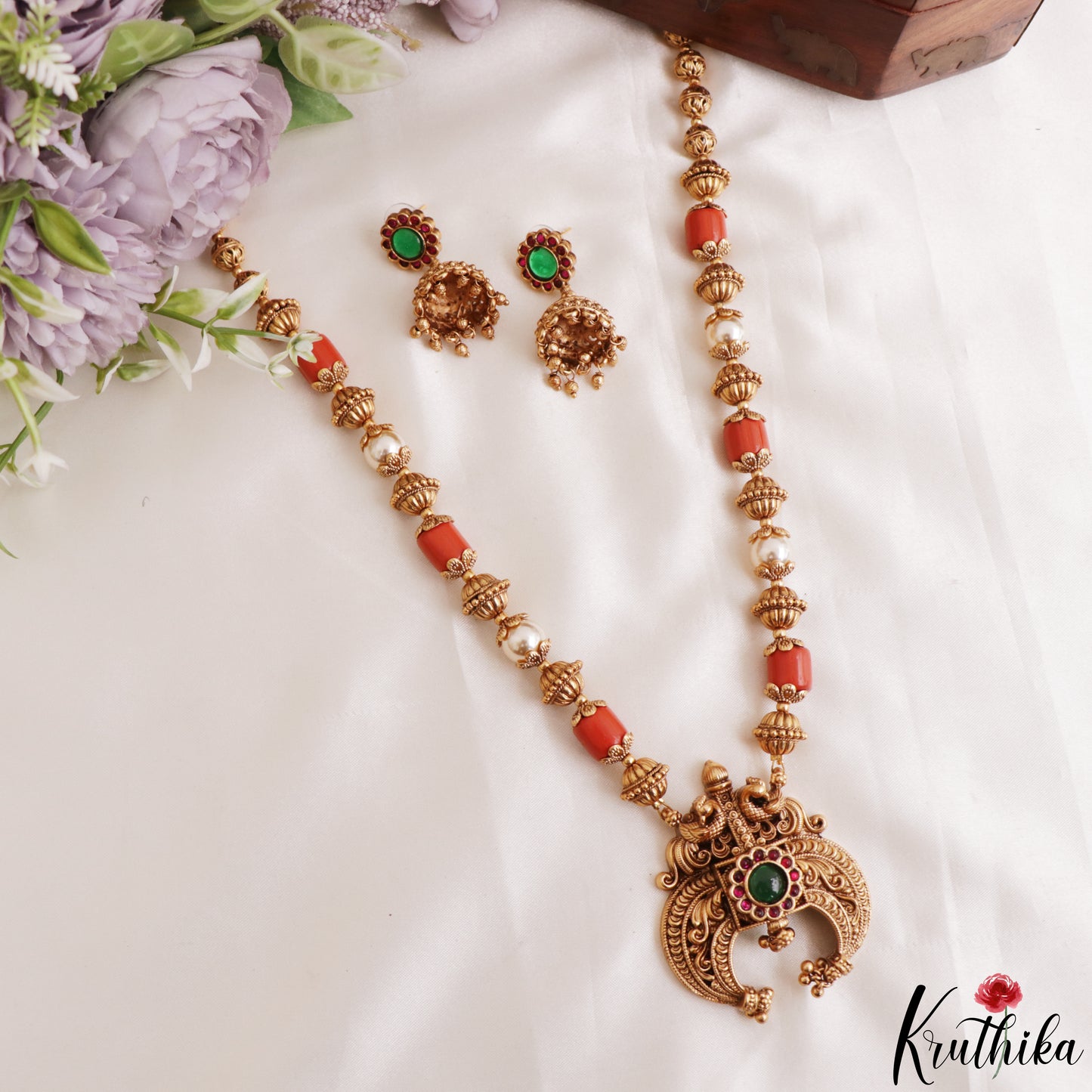 Elegant Antique Peacock Motifs Coral Pearl Mala NC3230