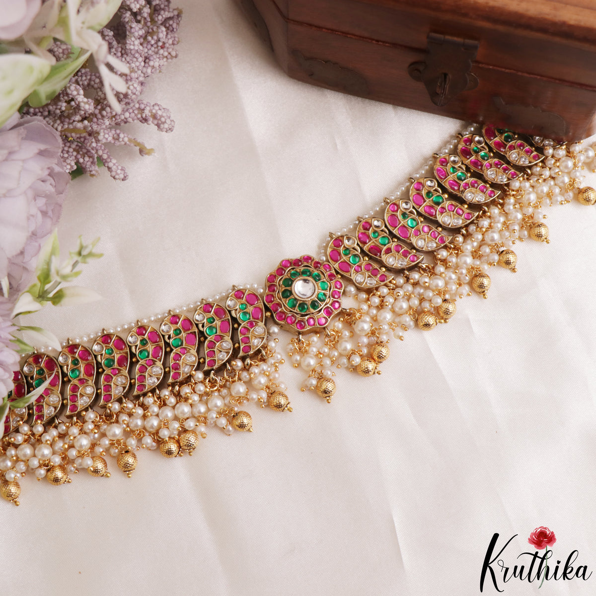 Classic Antique Jadau Peacock Chocker with Bead Drops NC2375 (Available In 2 Colors)
