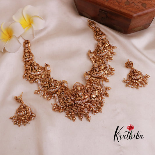 Premium Lakshmi AD peacock golden beads necklace NC1877