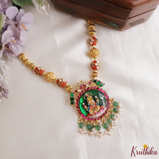 Elegant Hand-Painted Goddess Lakshmi Jadau Pendant Black Thread Necklace NC3321